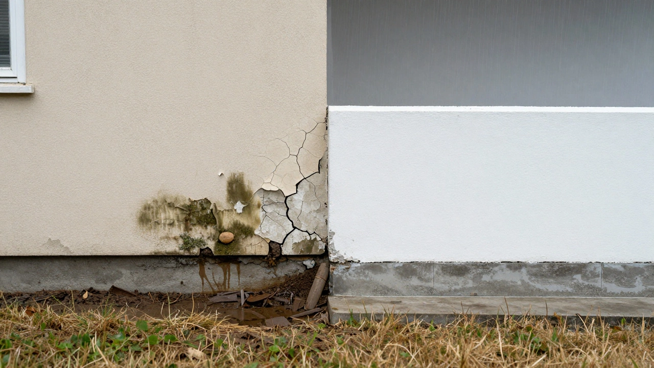 Сравнение разрушающегося низкого фундамента и надежного высокого фундамента под одним домом, иллюстрирующее последствия неправильного строительства.