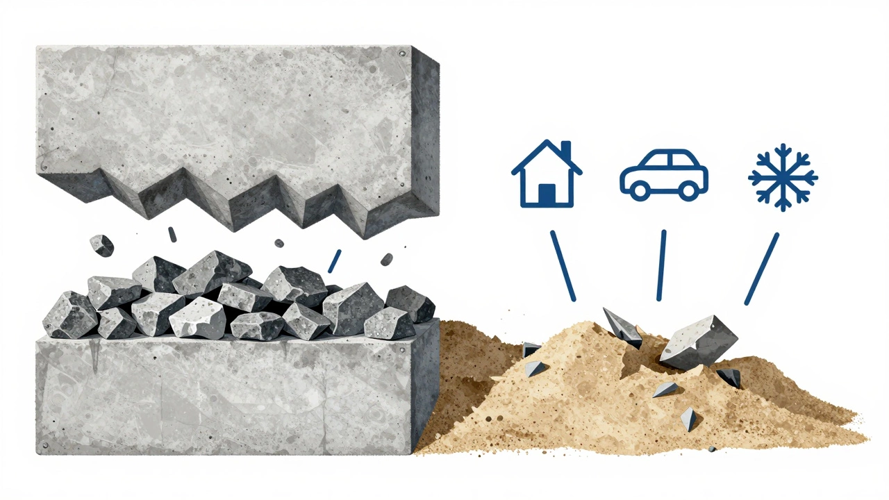 Сравнение структуры бетона с щебнем и без него в разрезе.