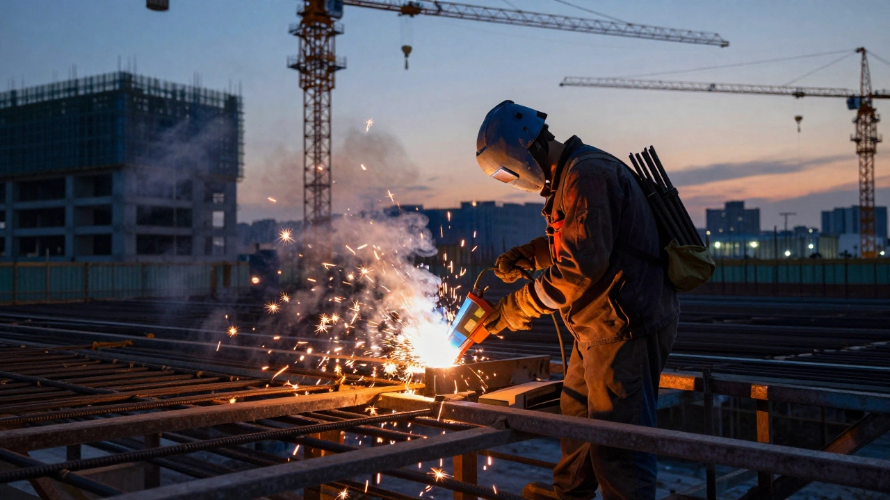 Сварщик на стройке в Китае ведёт ММА-сварку на арматуре, искры освещают закат, на заднем плане — незавершённая башня.