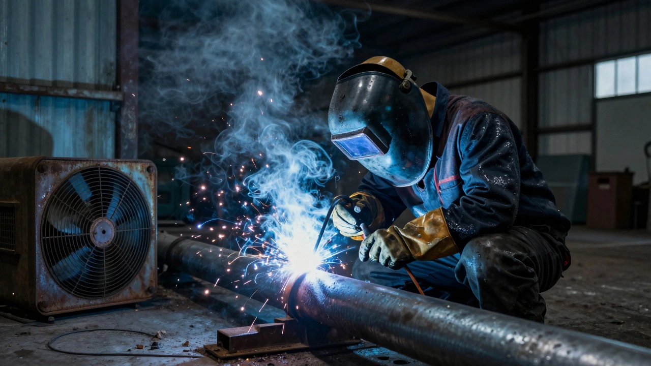 Сварщик в душном ангаре, вокруг него клубятся ядовитые пары, вентилятор сломан.