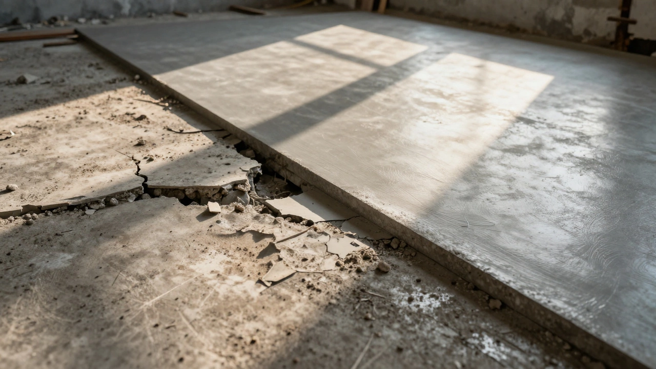 Трещины на старом бетонном полу рядом с идеально залитым новым слоем, демонстрируя разницу в качестве.
