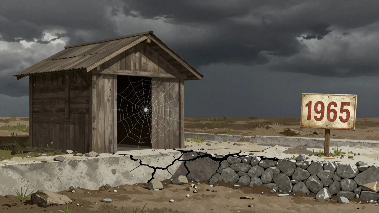 Треснувший фундамент без щебня под сараем на фоне грозового неба.