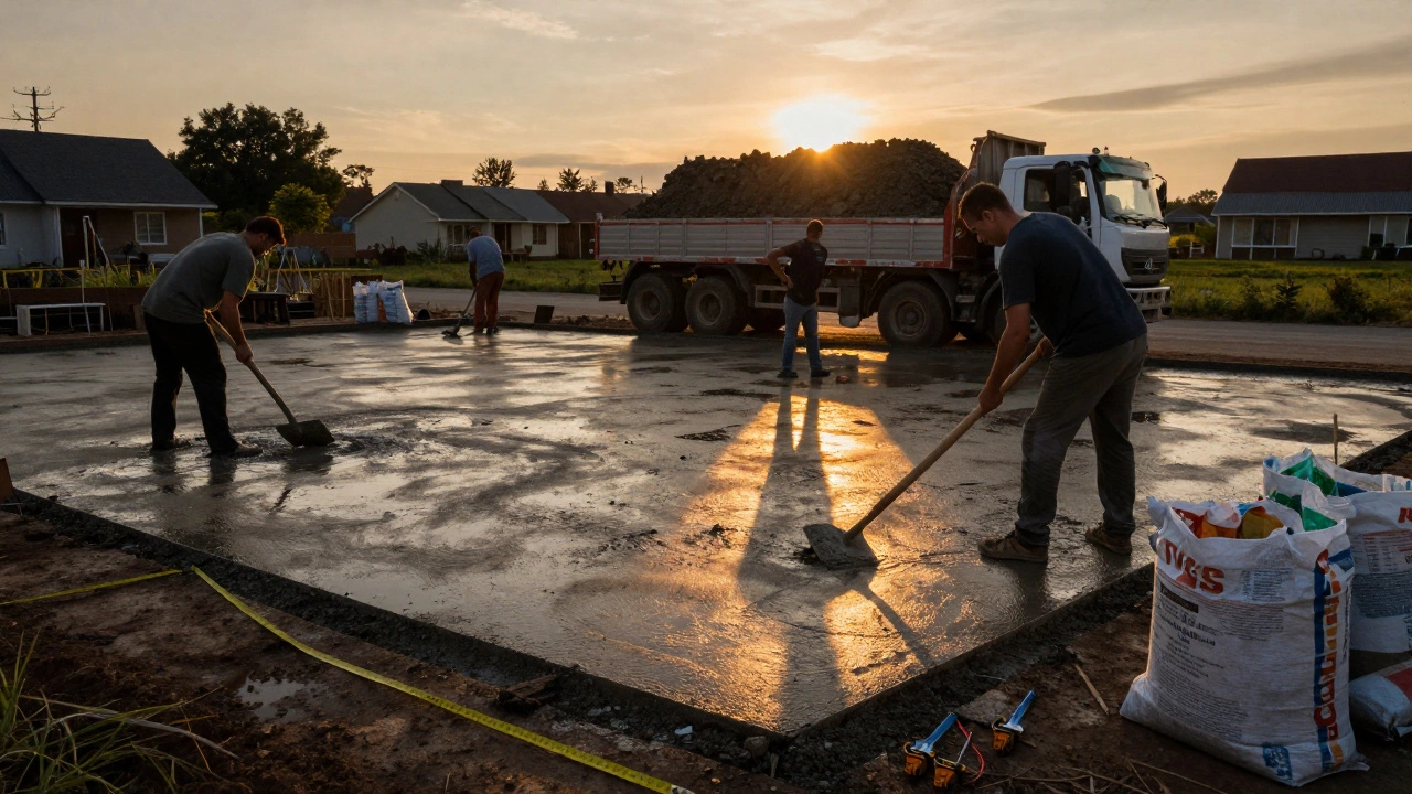 Заливка фундамента на закате, рабочие утрамбовывают бетон, на заднем плане грузовик с ПГС.