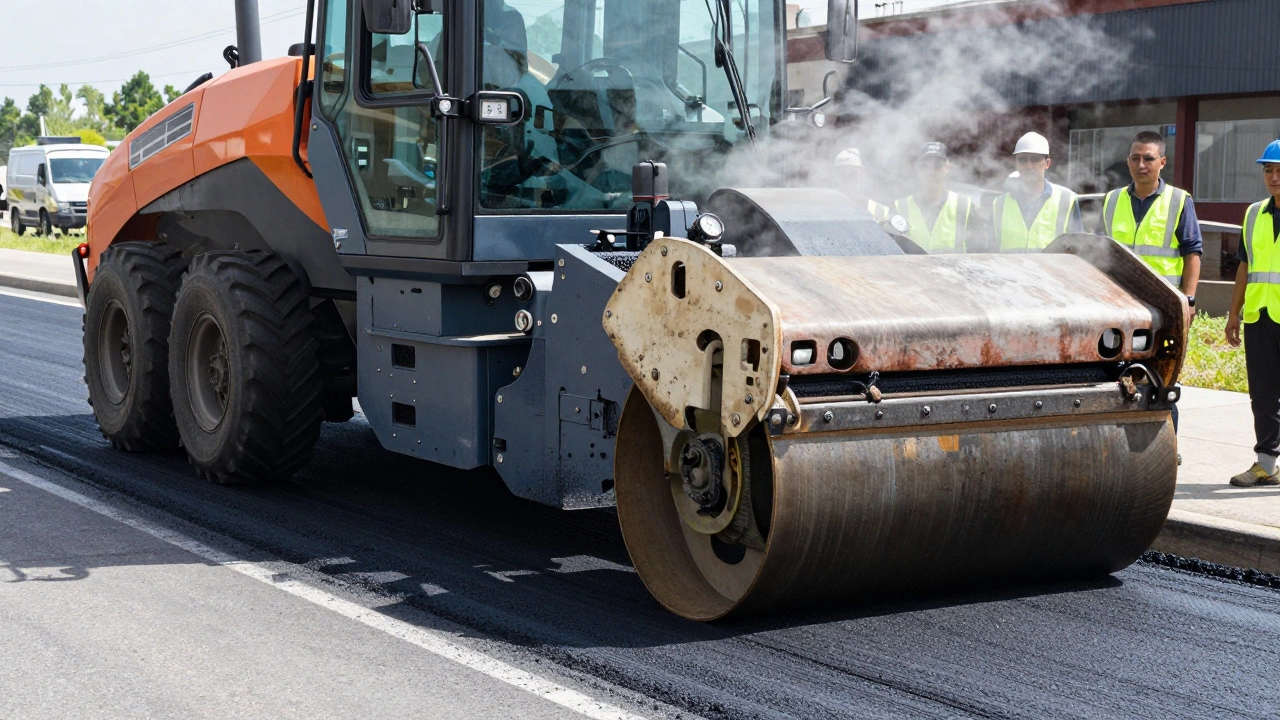 Асфальтоукладчик укладывает горячий асфальт, за ним пневматический каток, дневной свет, пар под покрытием.