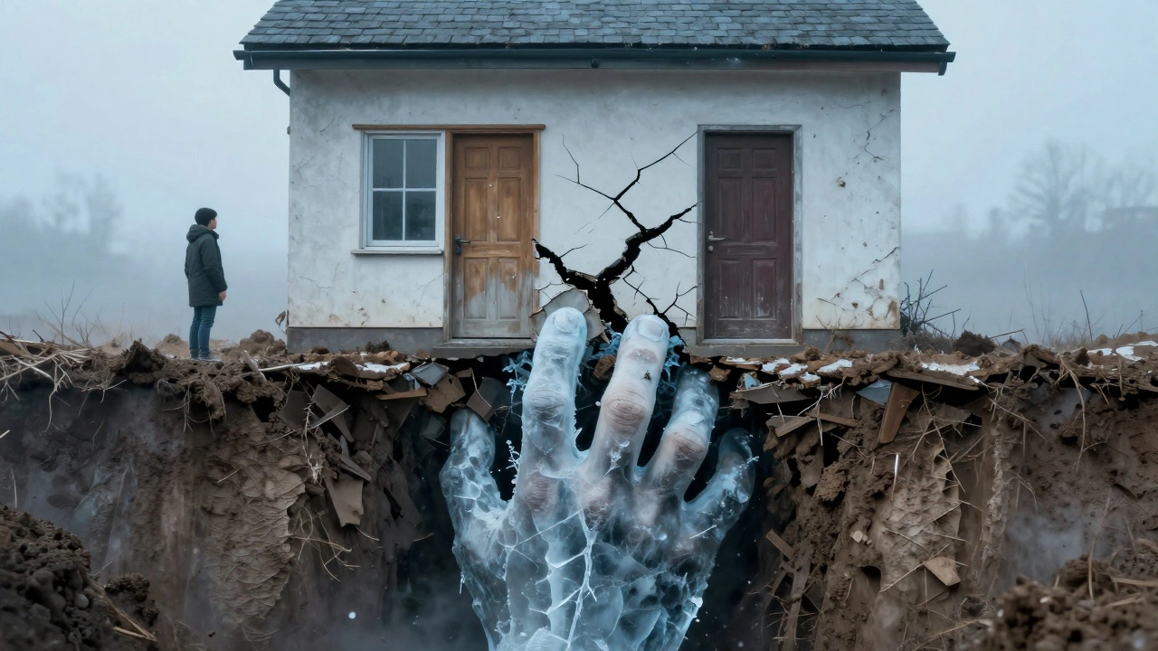 Дом с перекошенными дверями и трещинами, под ним — рука изо льда и глины, символизирующая пучение грунта.