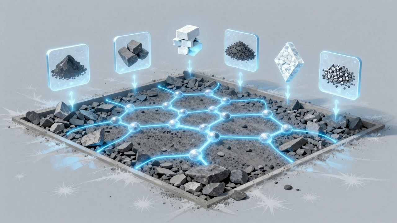 Фундамент из дробленого известняка с визуализацией связей между частицами и альтернативными материалами.