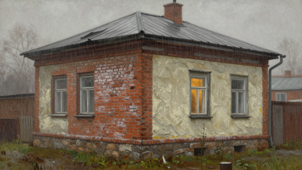 Кирпичный дом с наружным утеплением в ветреную погоду Калининграда, тёплый свет в окнах.