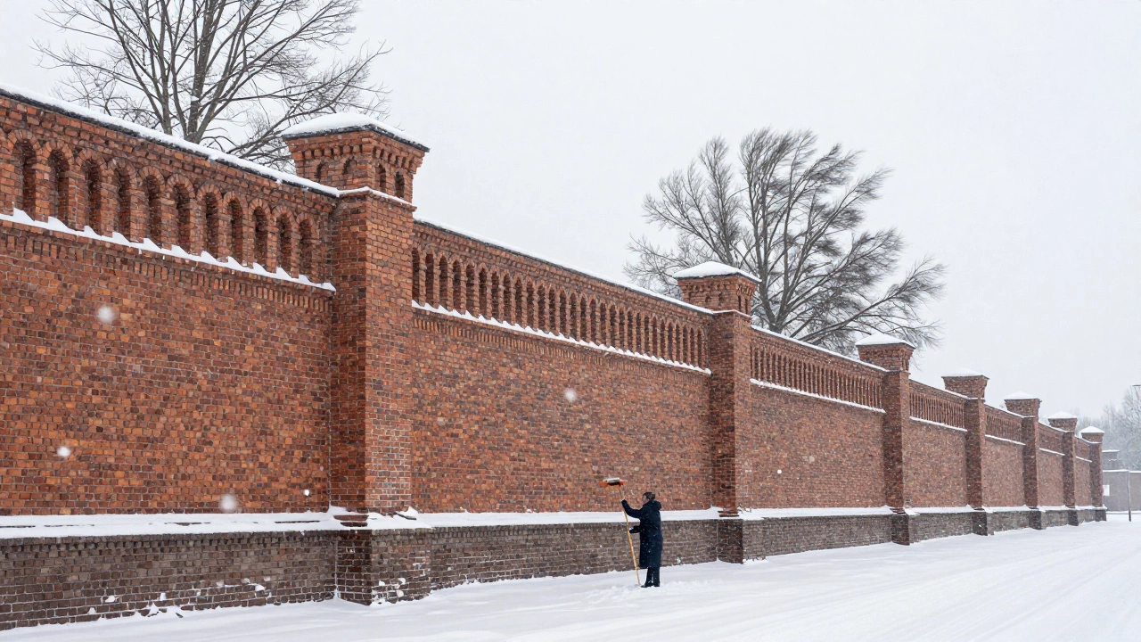 Кирпичный забор в буране, человек сметает снег мягкой метлой, зимний Калининград.