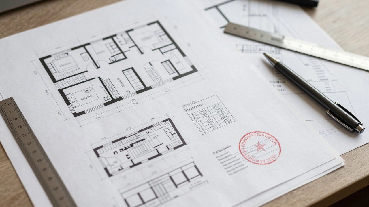 Комплект архитектурных чертежей и документов на столе с печатью согласования.