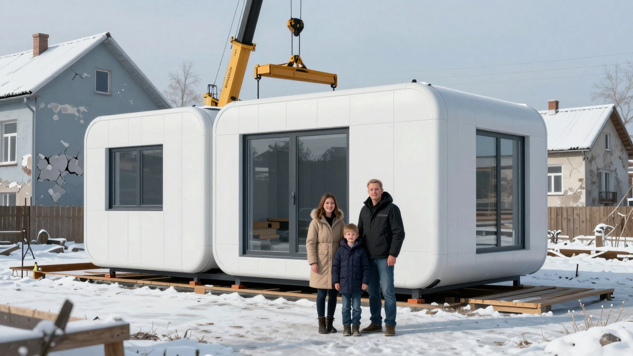 Модульный дом из SIP-панелей, собираемый на площадке, семья впереди, снег на земле.