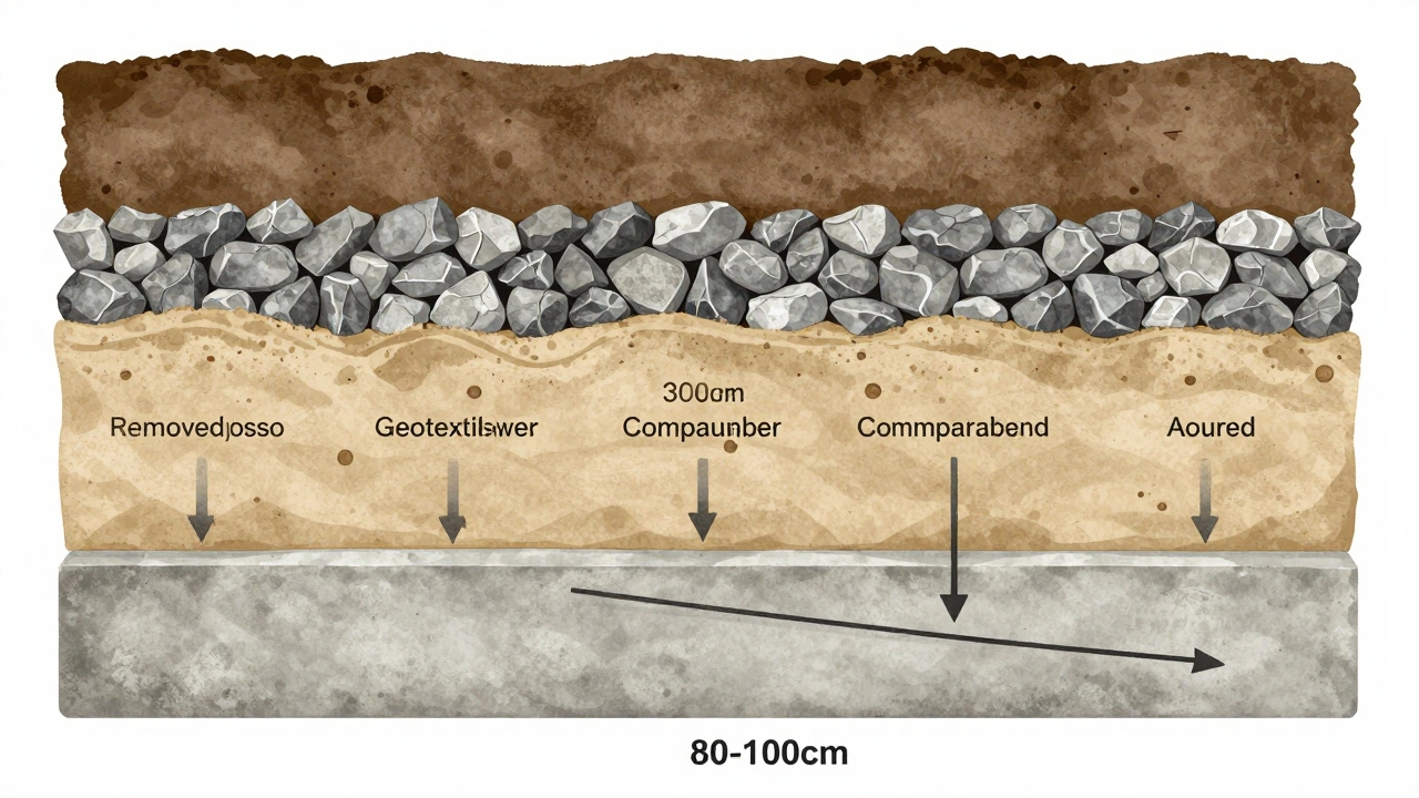 Поперечный разрез правильно устроенного фундамента с геотекстилем, щебнем и бетоном в условиях промерзания грунта.