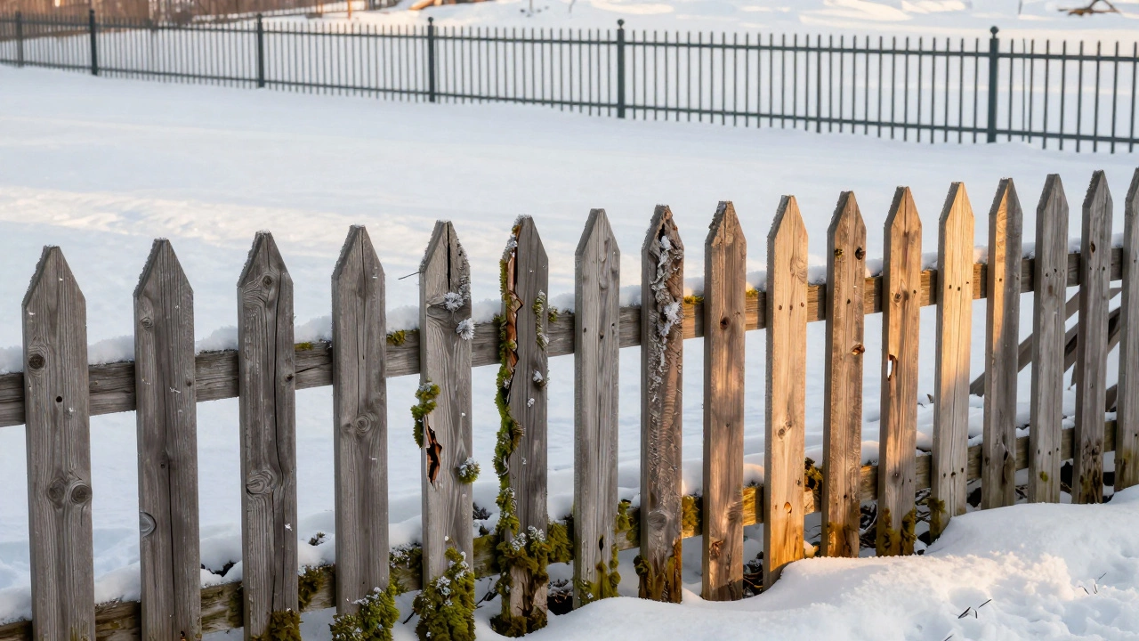 Поврежденный деревянный штакетник рядом с современным металлическим забором в зимнем ландшафте.