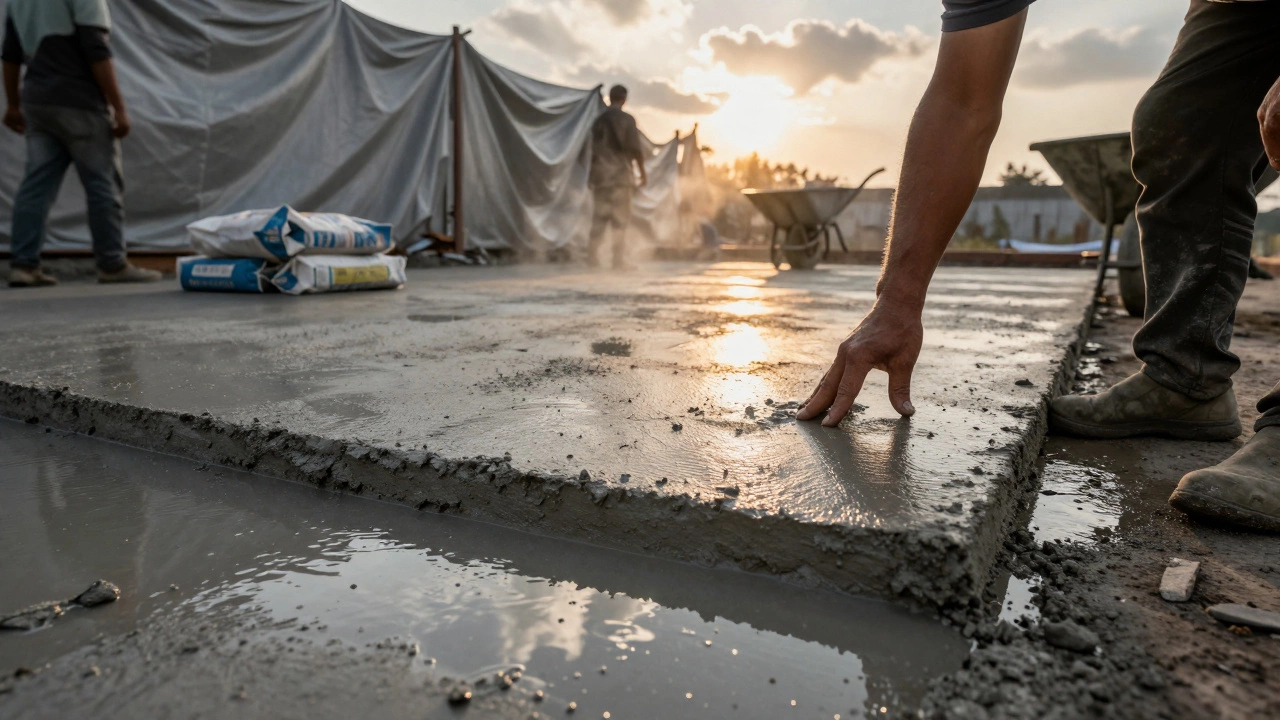 Рабочие выравнивают только что залитый бетонный фундамент, один проверяет степень схватывания пальцем