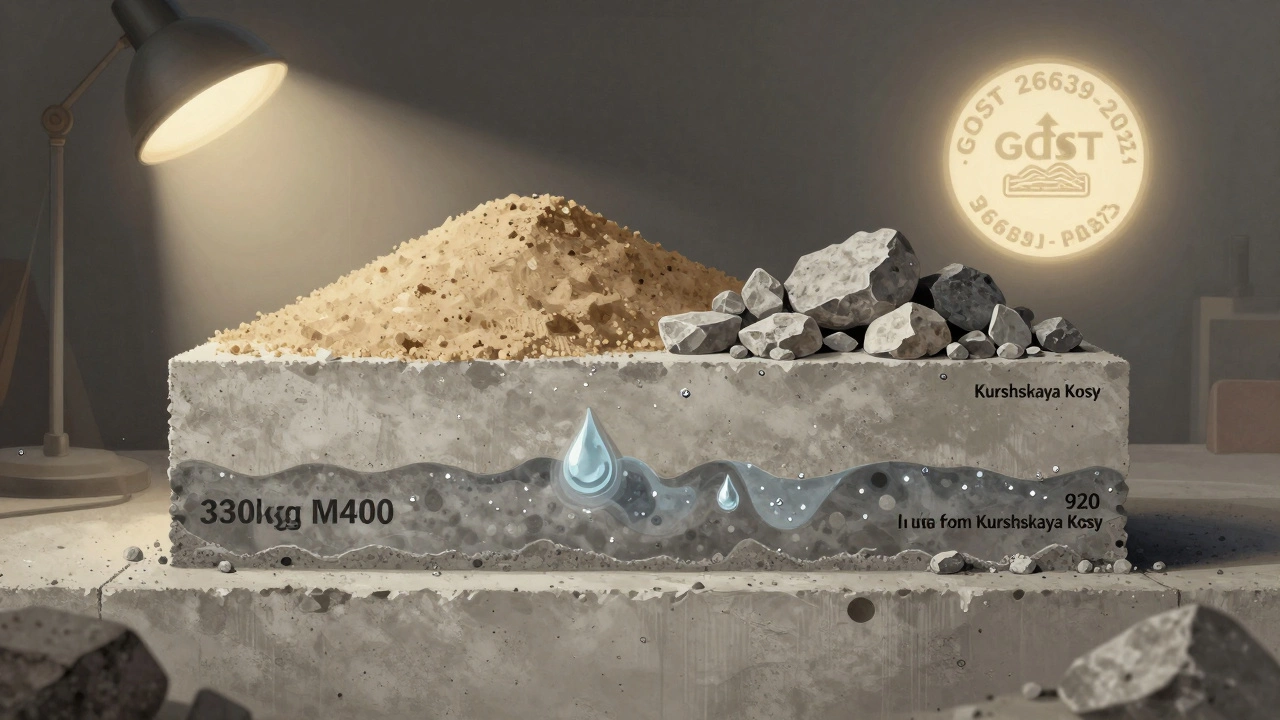 Разрез бетонной смеси с точными пропорциями цемента, песка и щебня, с маркировкой стандарта ГОСТ 26633-2023.