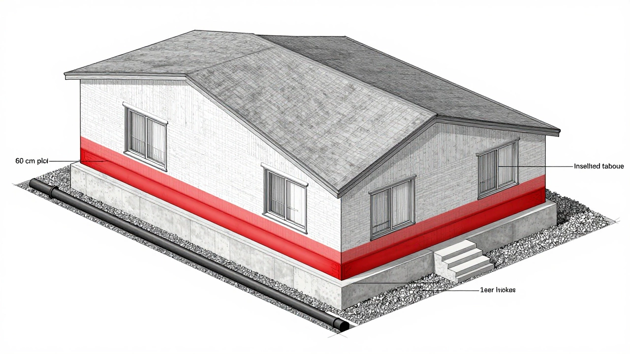 Разрез дома с цоколем, гидроизоляцией и дренажной системой, технический чертёж в изометрии.