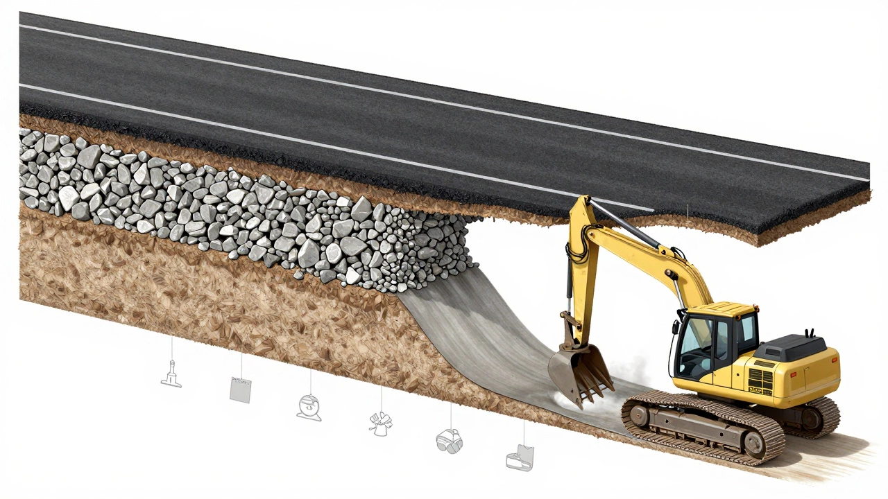 Разрез дороги: асфальт, щебень, геотекстиль, укладываемый экскаватором, технический стиль, земляные тона.