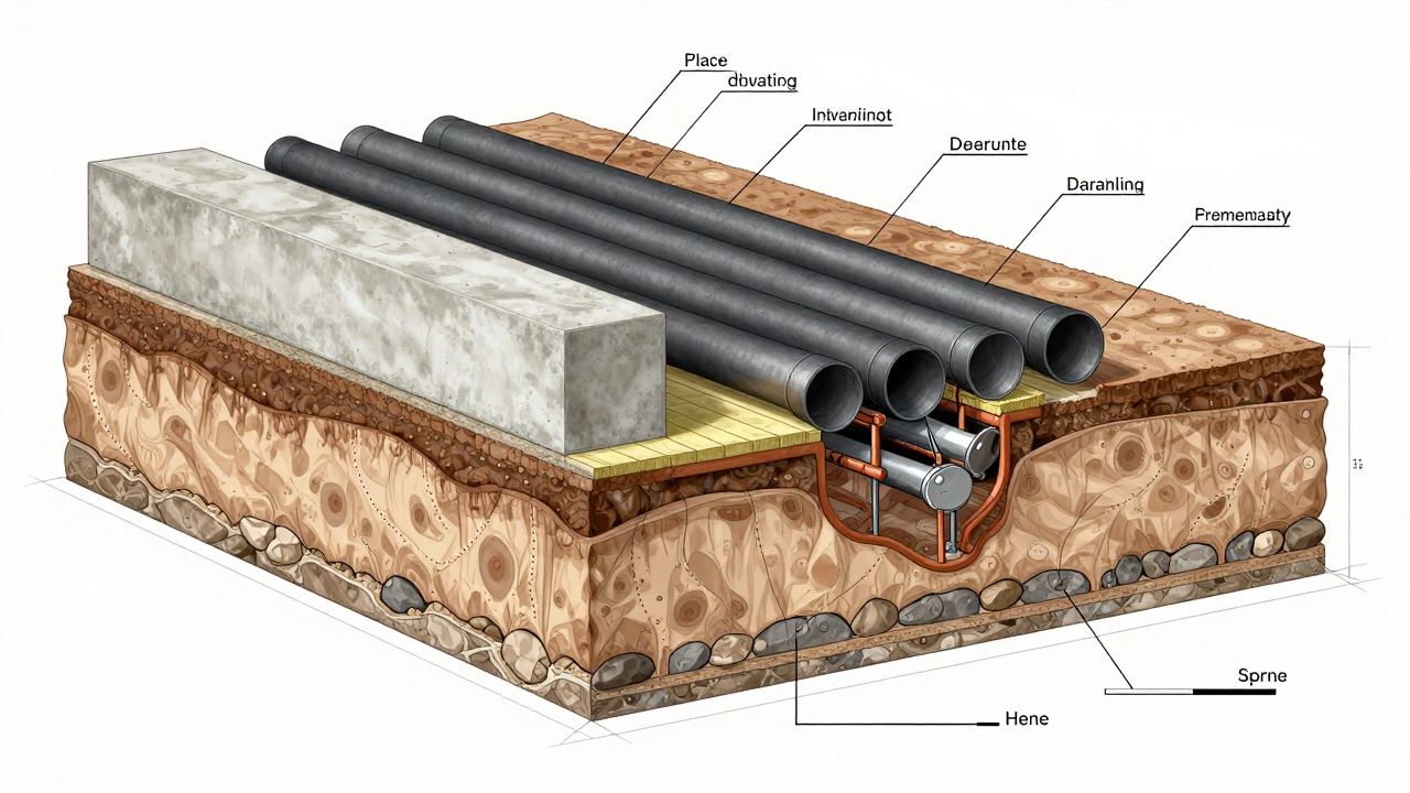 Разрез фундамента дома с слоями бетона, утеплителя и геологических слоев.
