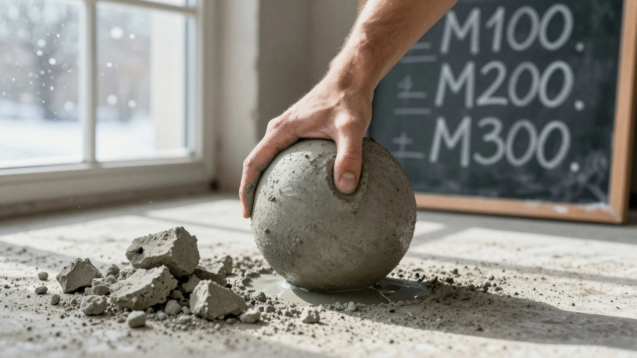 Рука сжимает бетон — он держит форму — рядом — рассыпающийся и слишком влажный образцы.