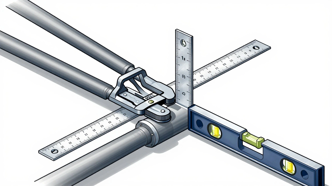 Схема монтажа вентиляционного короба с зажимами, уровнем и угольником, показывающая точную сборку.