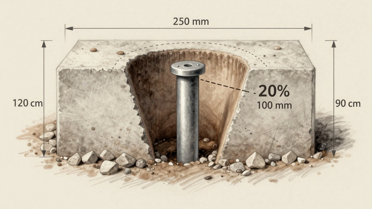 Схема поперечного сечения ямы под столб с указанием диаметров, глубины и слоя щебня.