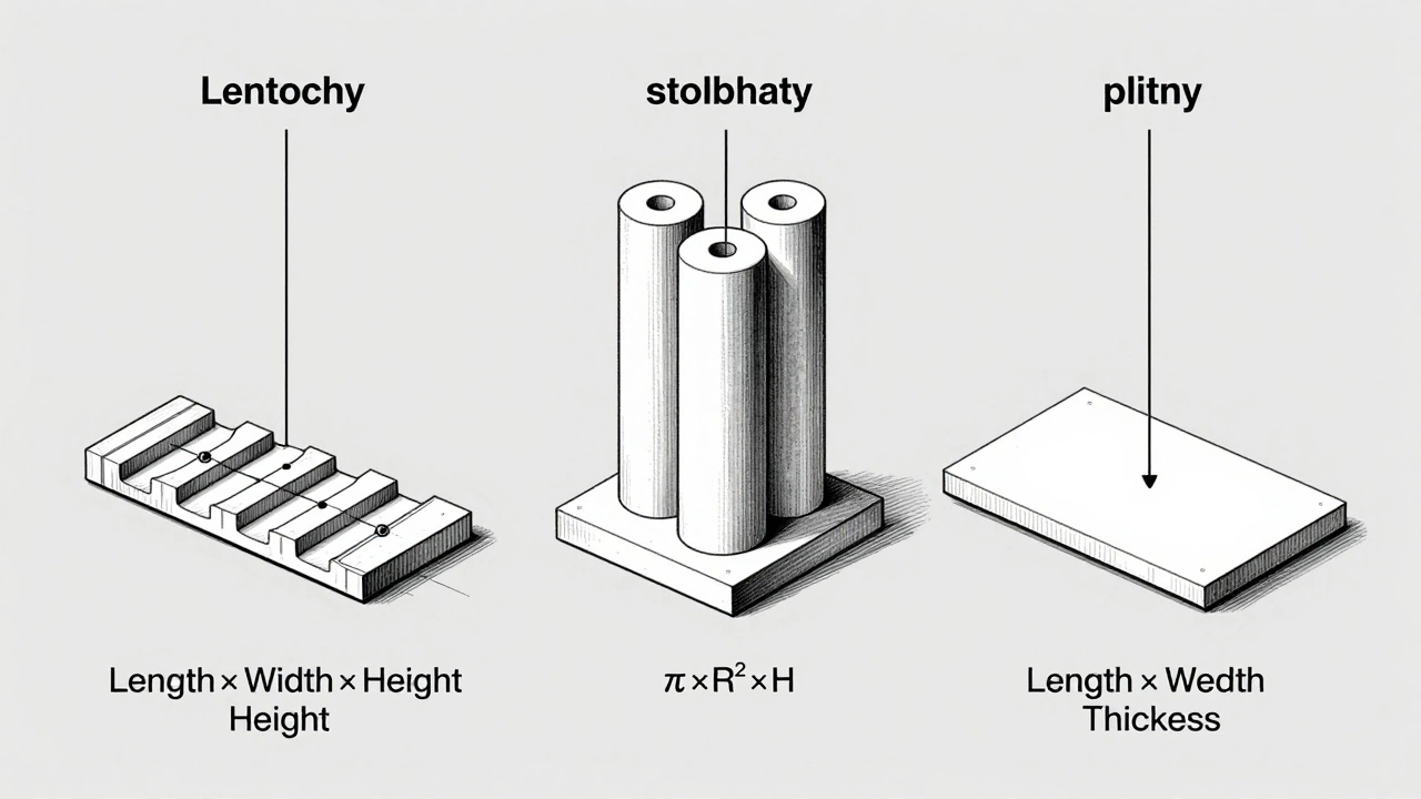 Схема трёх типов фундаментов: ленточного, столбчатого и плитного с формулами расчёта объёма