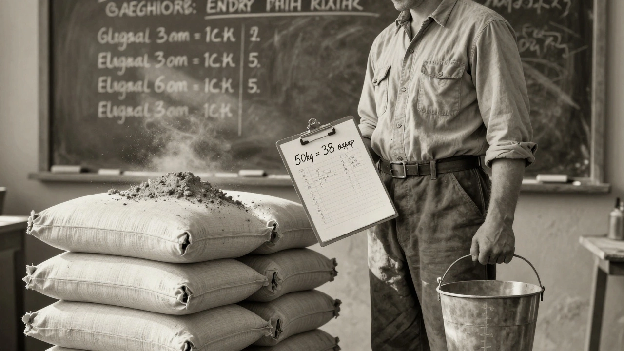 Советский технический чертеж: рабочий с ведром, надписи на доске о плотности цемента и расчетах.