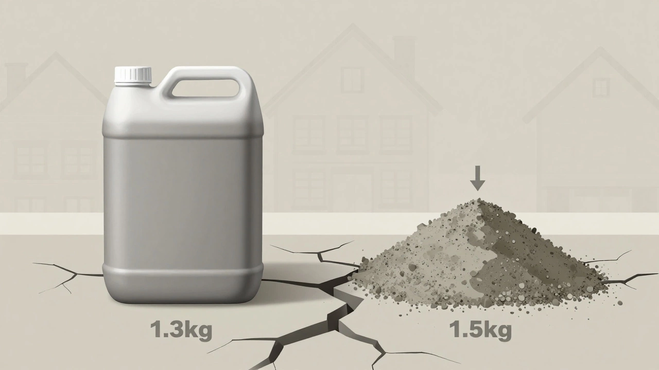 Сравнение объемов цемента: рыхлый и утрамбованный, с символом трещин в фундаменте под морозом.