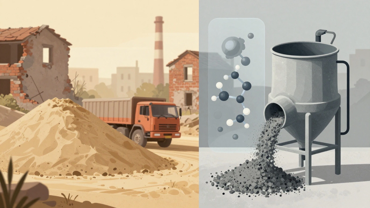 Сравнение традиционного песка и альтернативных заполнителей для бетона: битый кирпич и зола.