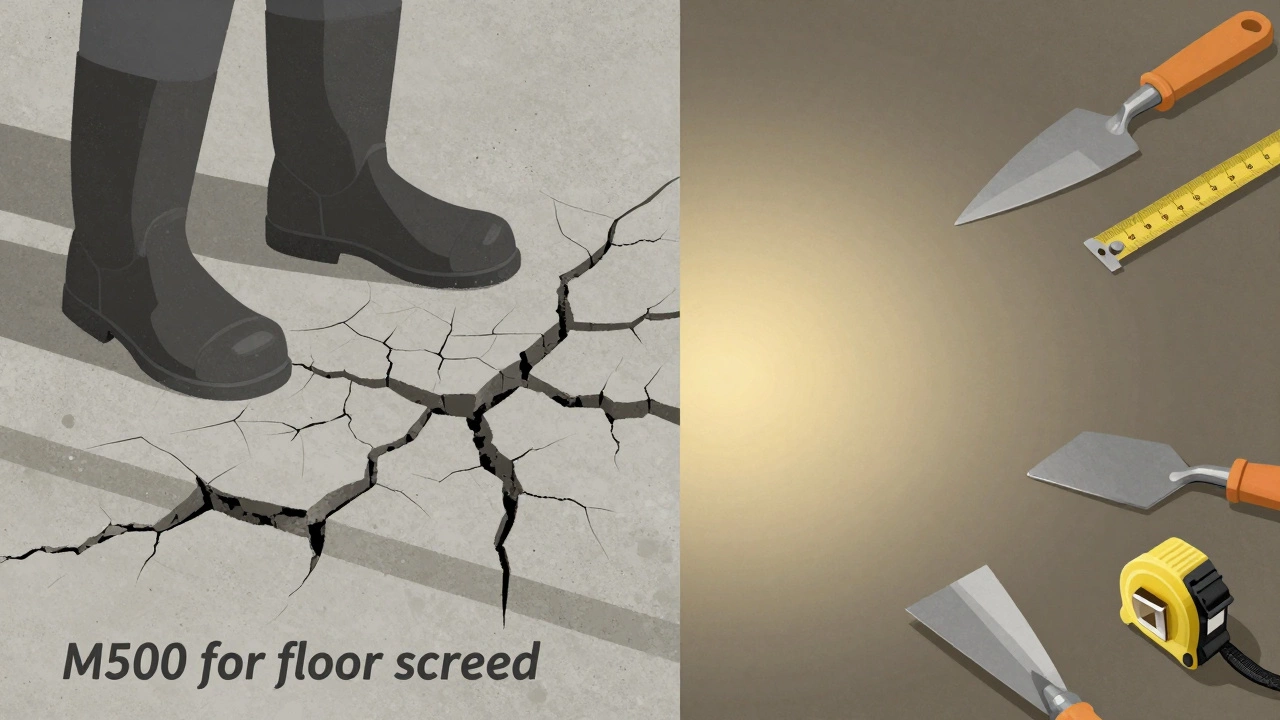 Трещины на хрупкой стяжке из М500 рядом с гладкой, целой стяжкой из М400.