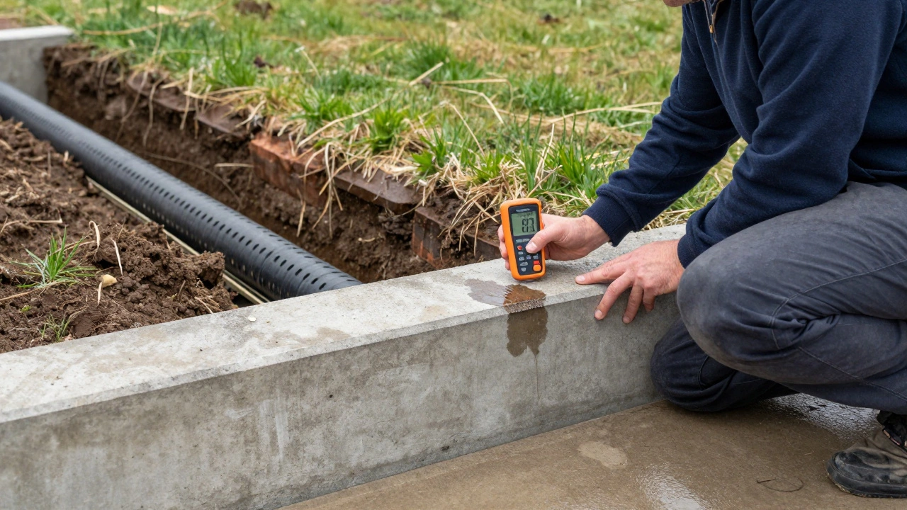 Владелец дома проверяет влажность цоколя высотой 70 см с дренажной траншеей на фоне.