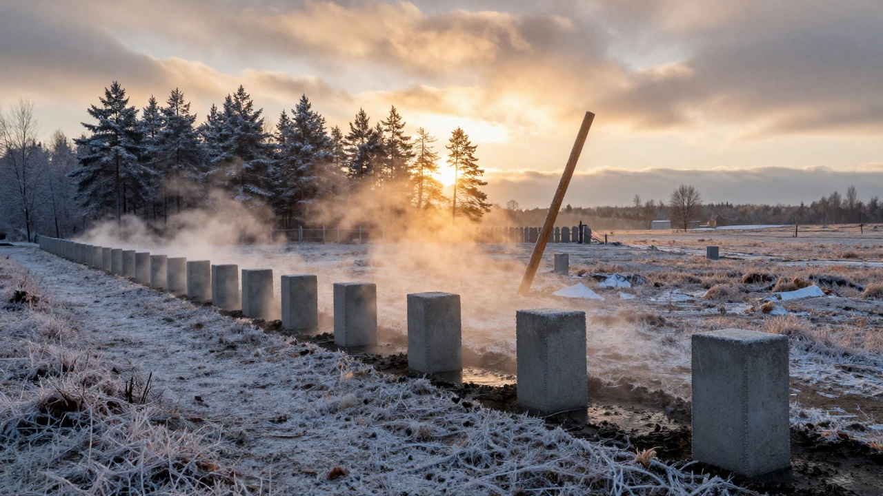 Забор с бетонными столбами на рассвете в Калининграде, пар над бетоном, снег на земле.