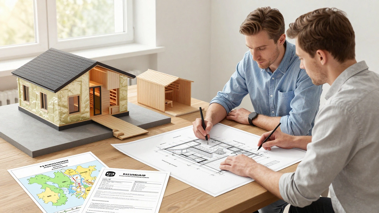 Архитектор и клиент обсуждают проект дома с мансардой, баней и гаражом в Калининграде.