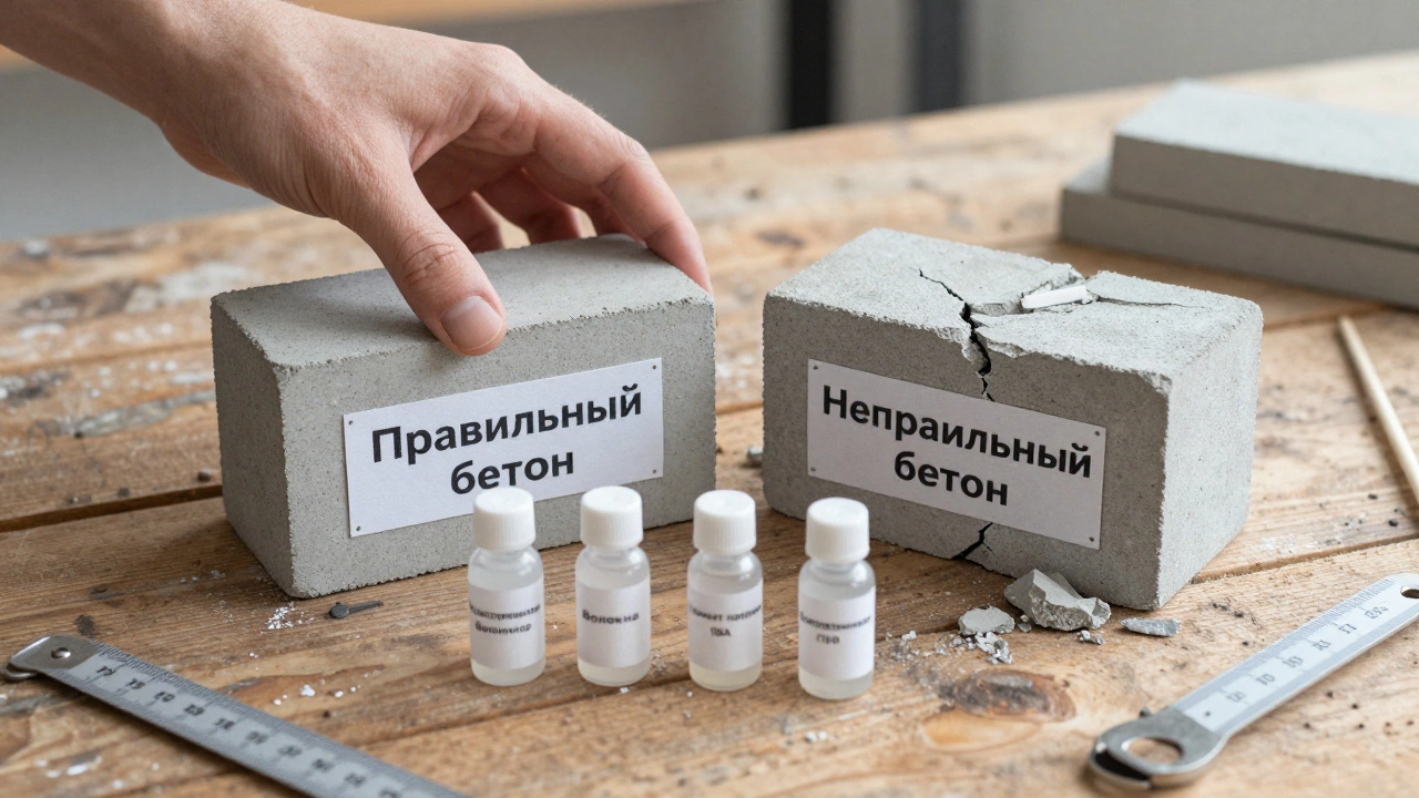 Целый и треснутый бетонные блоки рядом с пятью добавками на деревянной доске.