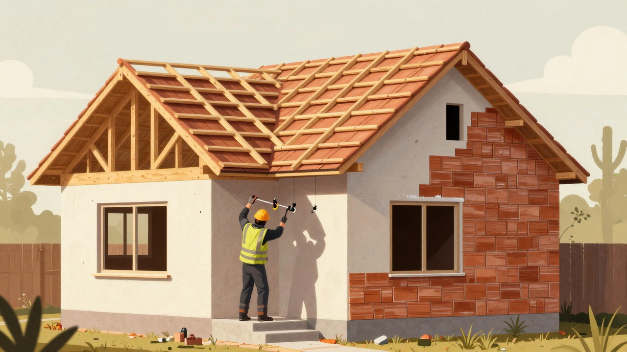 Детали строительства дома: кровля, электрика и отделка с плиткой и штукатуркой.