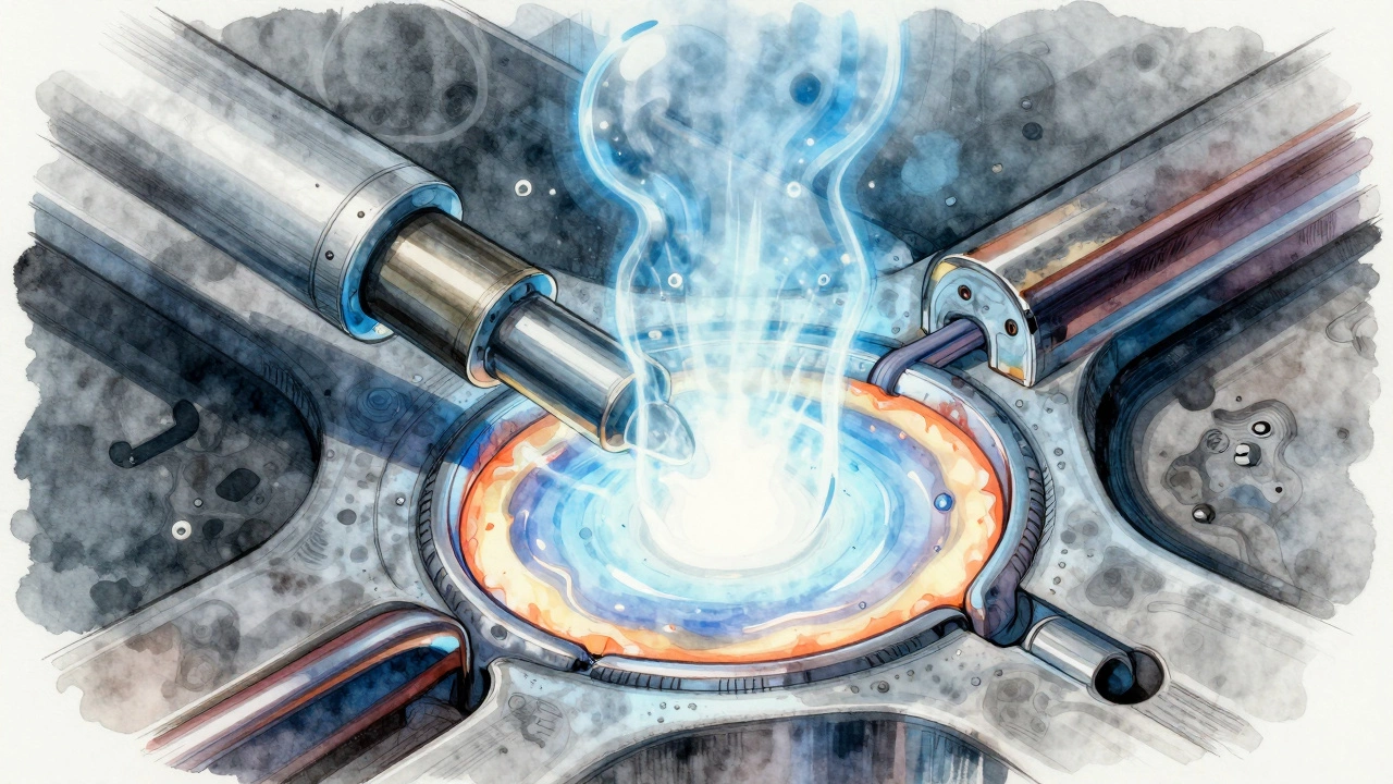 Детализированная схема сварки методом 136: проволока плавится в защитной газовой оболочке.