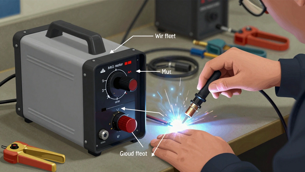 Детализированный план MIG-сварочного аппарата: рука регулирует ток, видны баллон, подача проволоки и заземление, технический стиль.