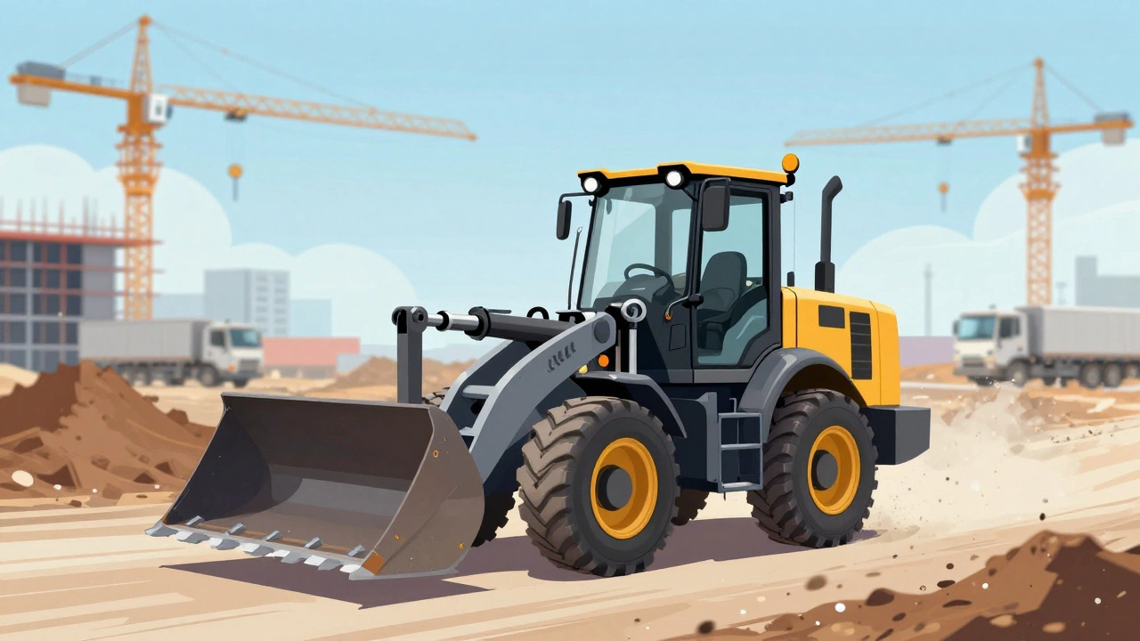 Компактный многофункциональный погрузчик меняет навесное оборудование: ковш, грейдер и гидромолот, на фоне строительной площадки.