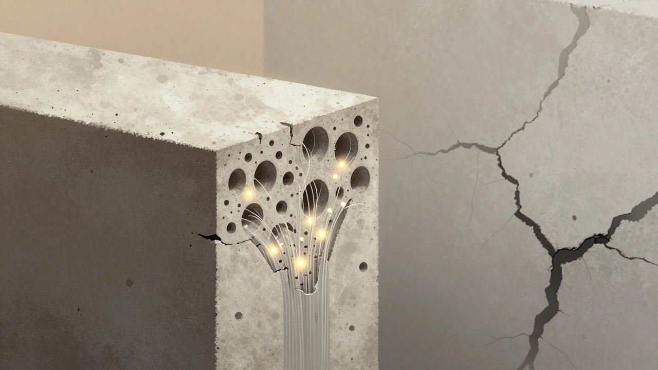 Микроструктура прочного бетона с волокнами и наночастицами, противопоставленная треснувшему образцу.