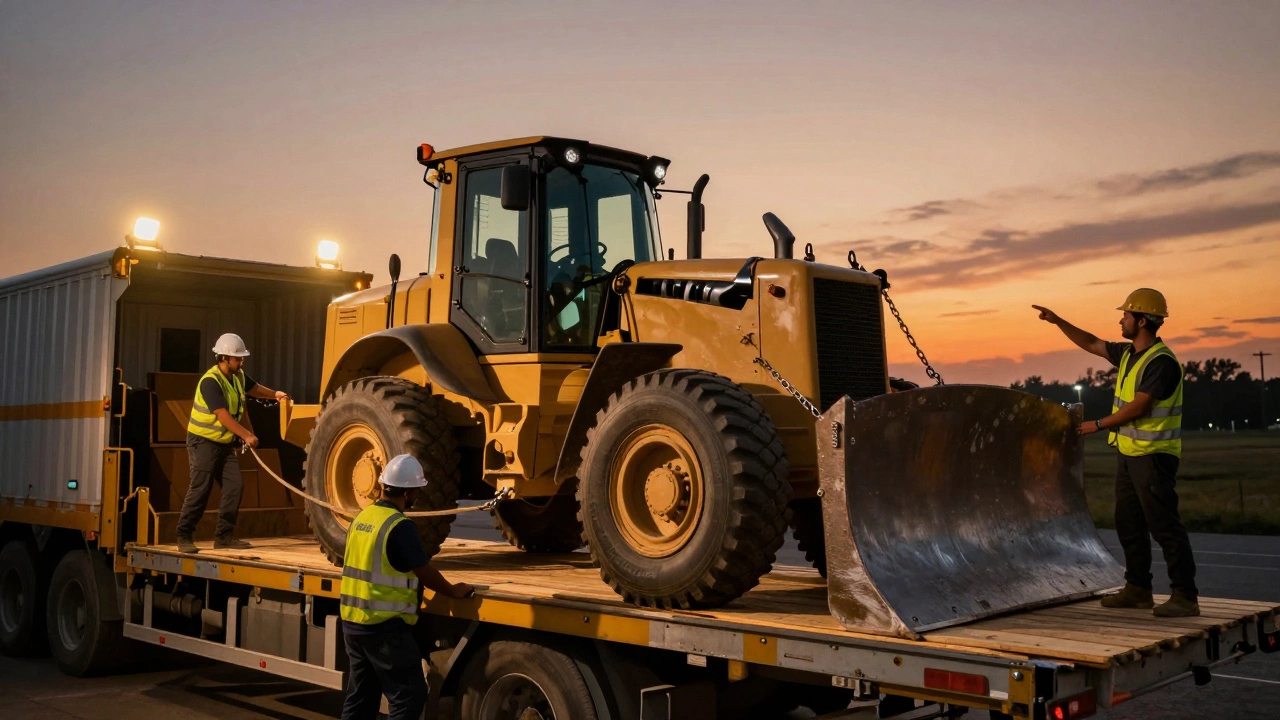 Рабочие фиксируют бульдозер на трейлере с помощью деревянных настилов и стяжек, один из них подает сигналы, освещение вечернее.