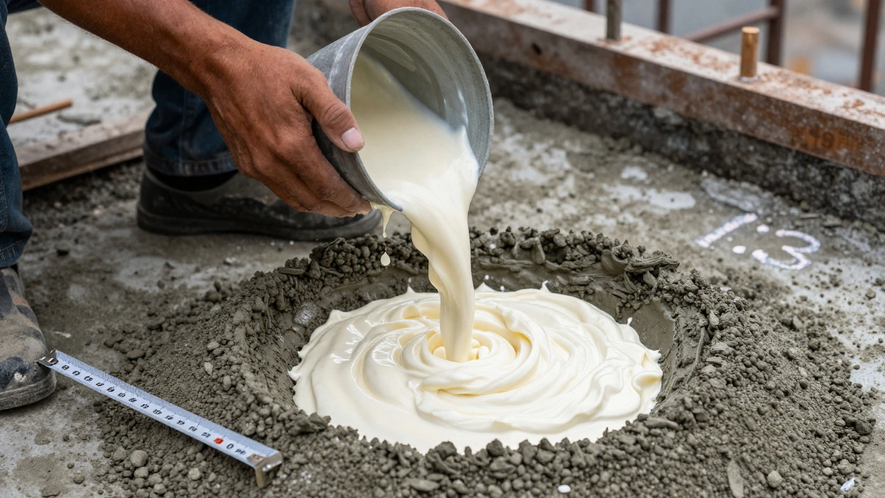 Руки рабочего аккуратно льют воду в смесь цемента и песка, консистенция как густая сметана, без излишней влаги.