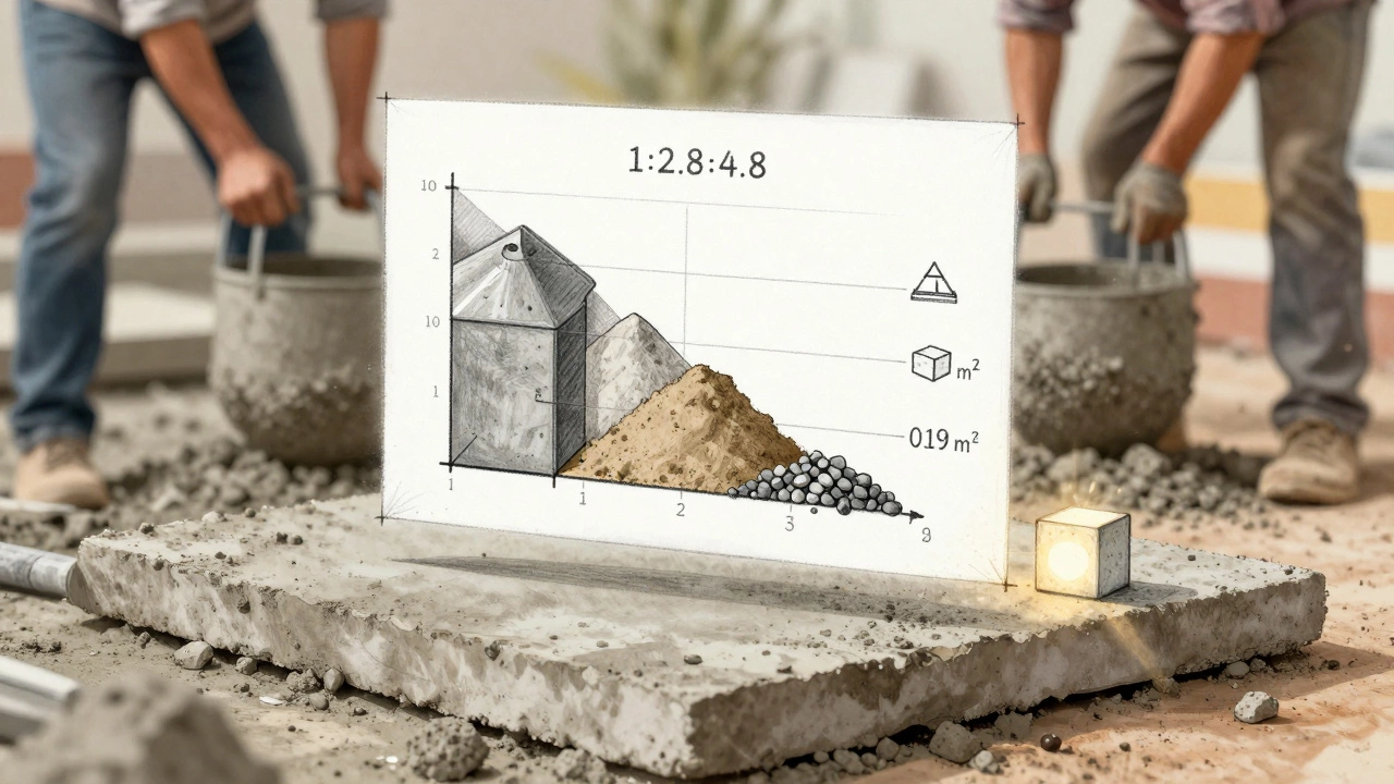 Рукотворная схема пропорций бетона М200 с обозначенными компонентами и объемом 0,19 м³.