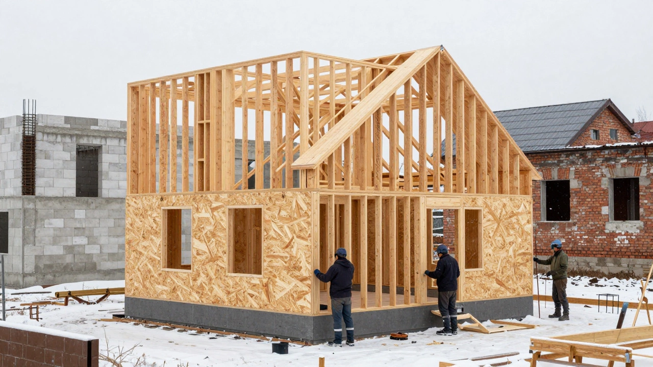 Сборка каркасного дома на фоне блочного и кирпичного домов в Калининграде