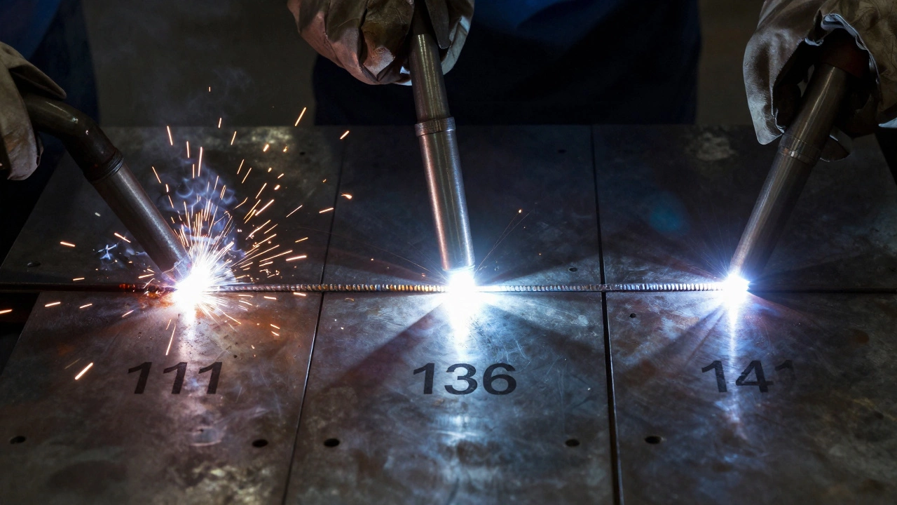 Сравнение трех методов сварки: 111, 136 и 141 — чистота и качество шва метода 136 выделяются.