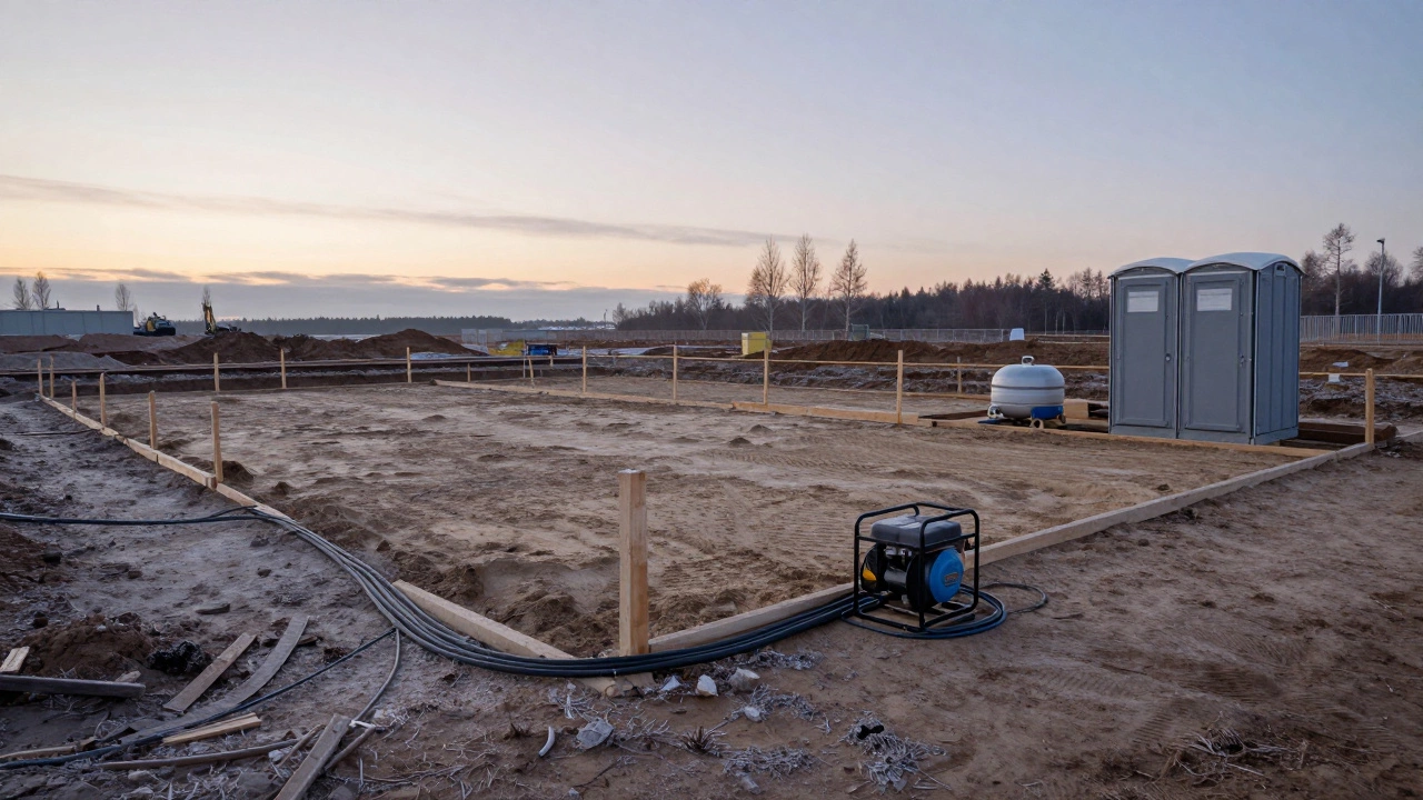 Строительная площадка в Калининграде: размечены углы дома, засыпан песок, подключены временные коммуникации.