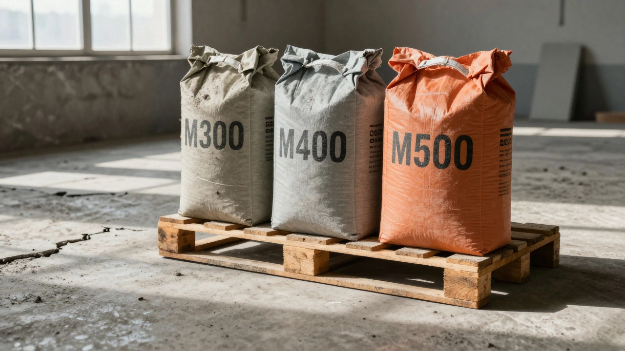 Три мешка цемента: М300, М400 и М500 — на фоне разрушенного и нового фундамента, символизирующие выбор между экономией и надежностью.