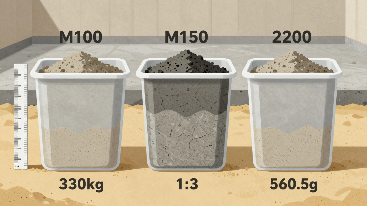 Три типа бетонных смесей: М100, М150 и М200, показанные в прозрачных емкостях с разной плотностью и пропорциями цемента и песка.