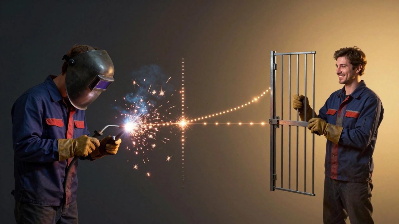 Визуальная история обучения сварке: от страха к уверенности — один человек, три этапа, растущий шов как символ прогресса.