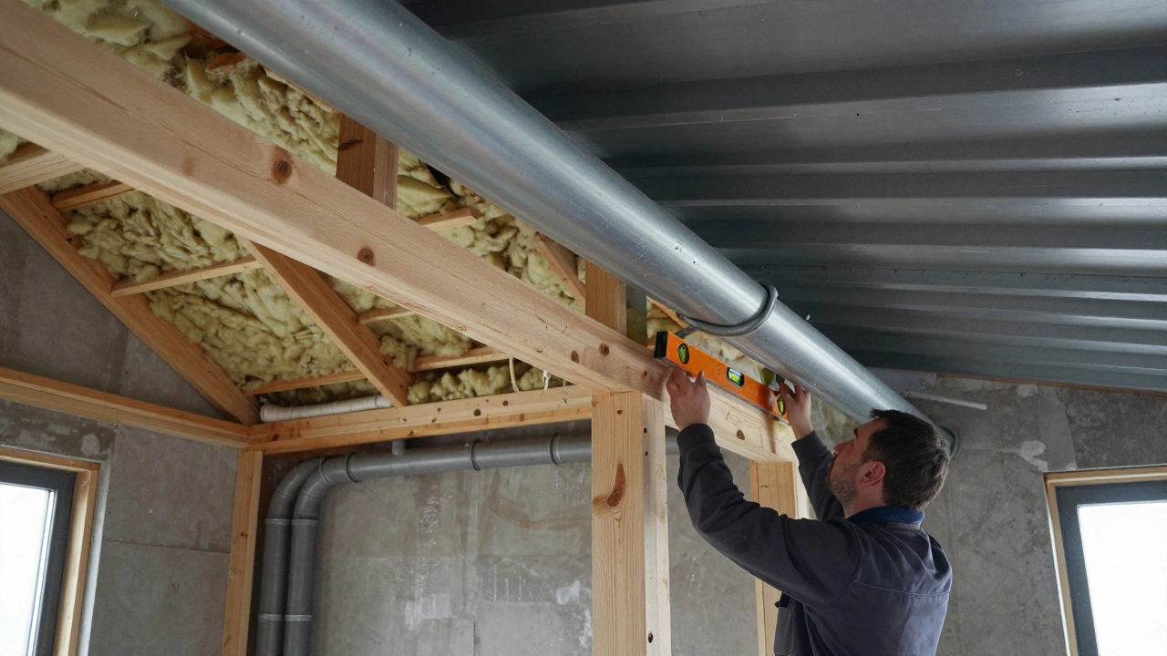 Частично построенный дом с видимыми стропилами, утеплением и водосточной системой, рабочий проверяет уклон желоба уровнем.