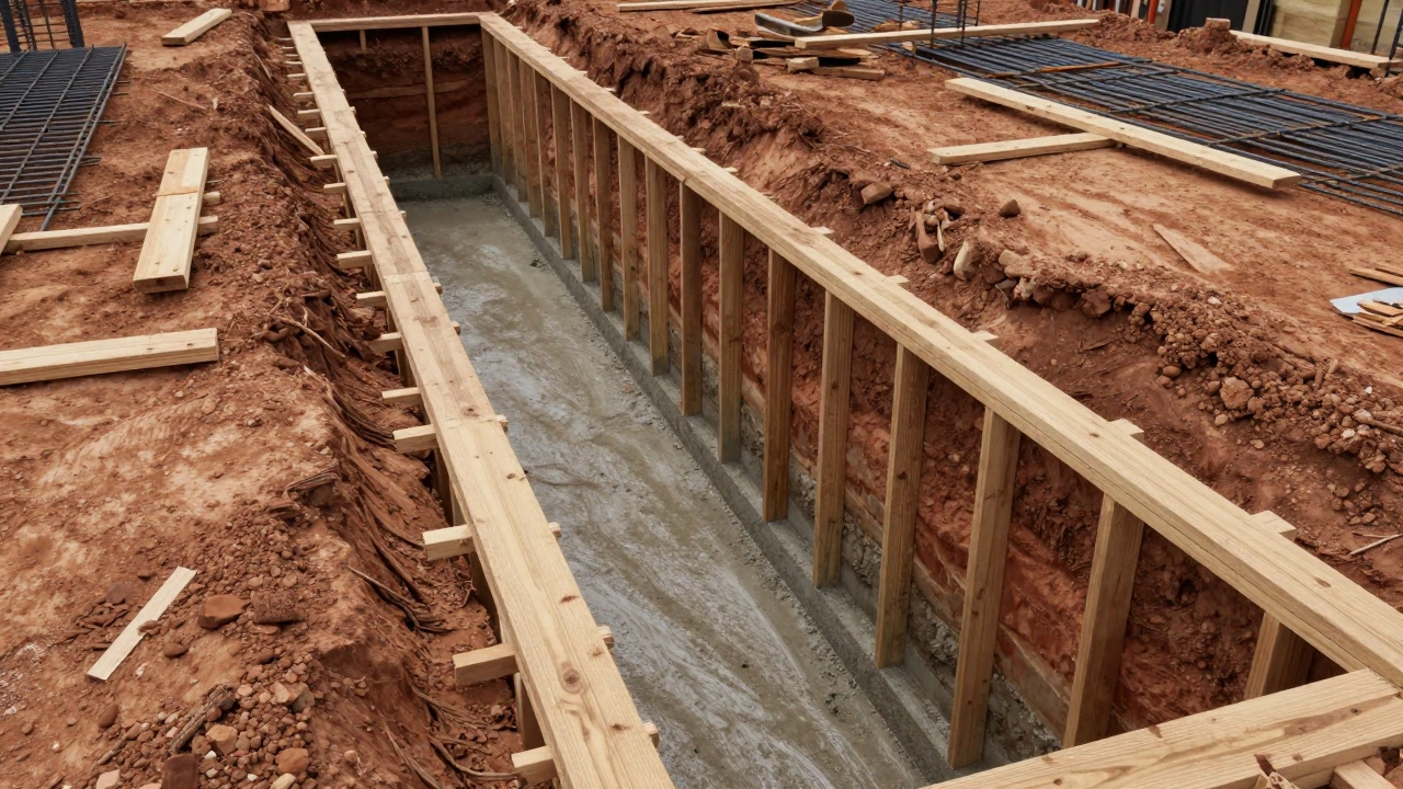 Глубокая траншея для ленточного фундамента с грунтом по бокам.