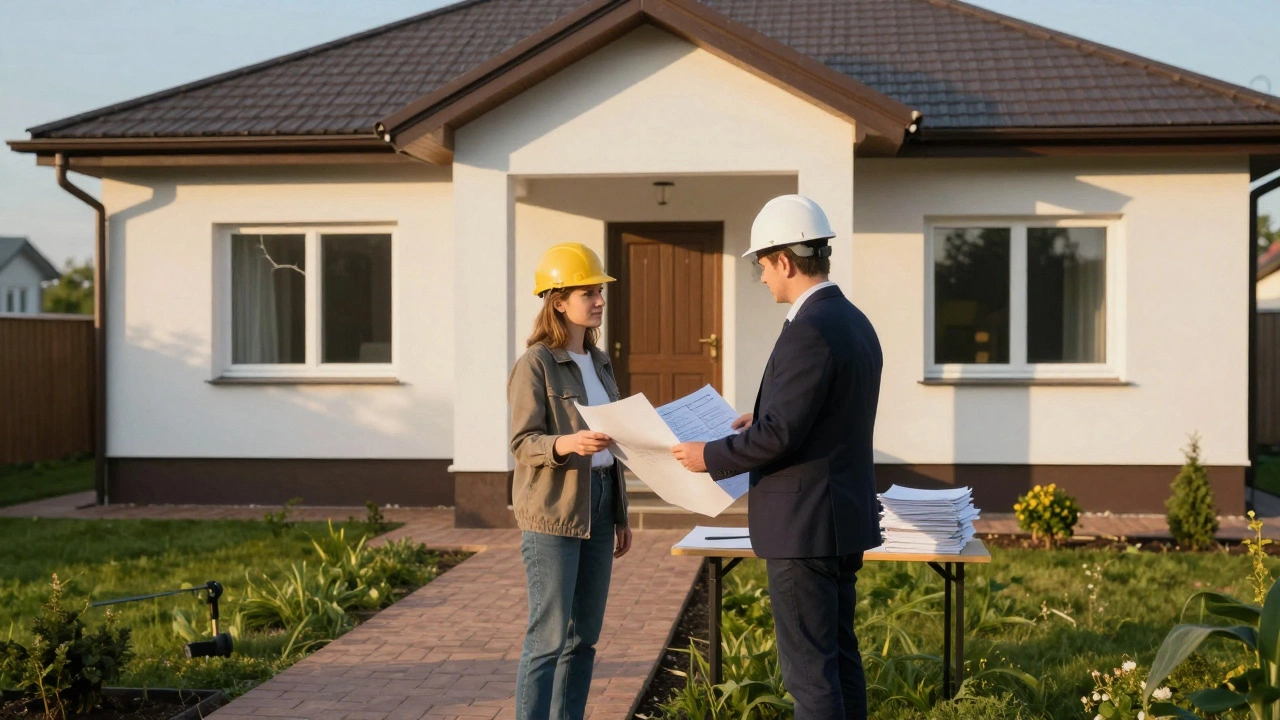 Инспектор и владелец дома осматривают завершенный дом перед официальной сдачей, фон — аккуратный ландшафт и чистый фасад.